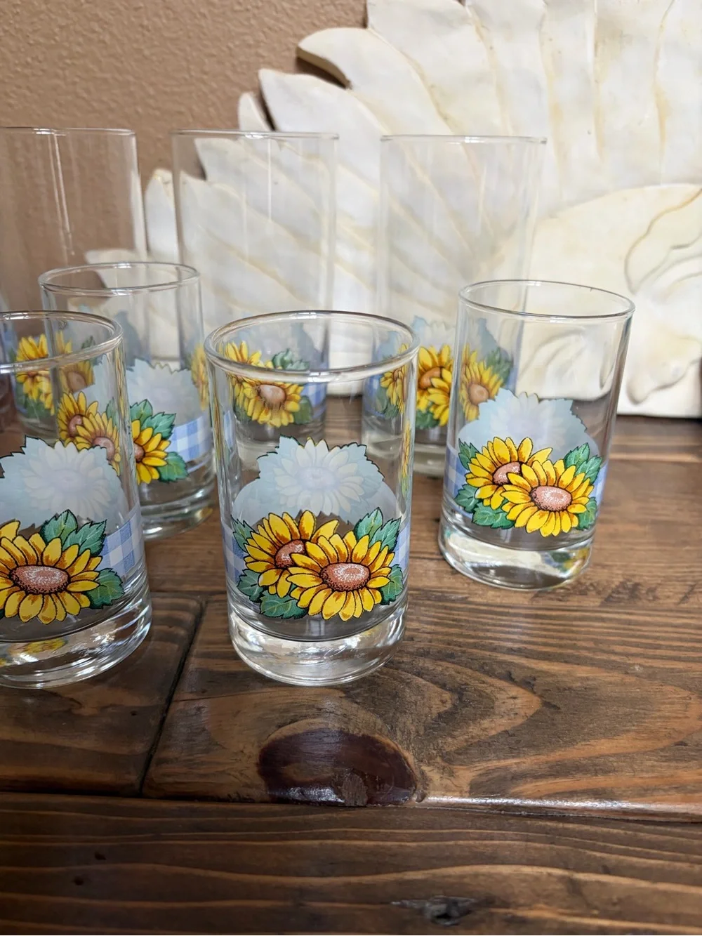 Corelle Vintage Sunflower Blue Plaid Print Drinking Glasses lot of 10!